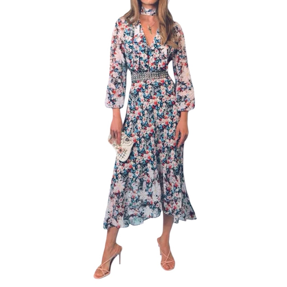 RIXO Black Silk Blend Diya Dress - Multicolour Floral